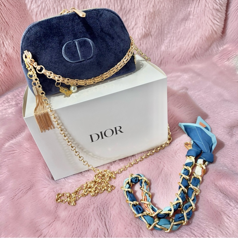 Dior Beauty Holiday Edition Navy Velvet Pouch Shoulder BagCrossbody Strap w Box